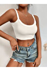 Beyaz Renk U Yaka Düz Desensiz Likralı Kalın Askılı Fitilli Kaşkorse Crop Top Bluz