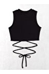Siyah Renk Bisiklet Yaka Düz Desensiz Likralı İpli Fitilli Kaşkorse Crop Top Bluz
