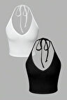 2 Li Paket V Yaka Siyah Beyaz Renk Desensiz Fitilli Kolsuz Boyun Askılı Likralı Fit Crop Top Bluz