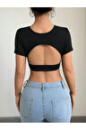 Bisiklet Yaka Siyah Renk Desensiz Sırtı Açık Fitilli Kısa Kol Likralı Fit Crop Top Bluz