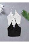 2 Li Paket U Yaka Siyah Beyaz Renk Desensiz Fitilli Kolsuz Askılı Likralı Fit Crop Top Bluz