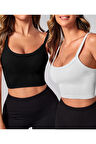 2 Li Paket U Yaka Siyah Beyaz Renk Desensiz Fitilli Kolsuz Askılı Likralı Fit Crop Top Bluz