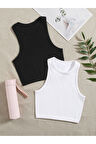 2 Li Paket Bisiklet Yaka Siyah Beyaz Renk Fitilli Kolsuz Fit Crop Top Bluz
