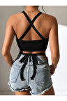 Düz Yaka Çapraz Bağcıklı Askılı Siyah Renk Fitilli Crop Top Bluz