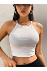 Askılı Halter Yaka Yüzücü Sırtlı Beyaz Renk Fitilli Crop Top Bluz