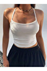 Geniş Yaka Askılı Beyaz Renk Fitilli Crop Top Bluz