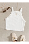 Düz Yaka Askılı Beyaz Fitilli Crop Top Büstiyer