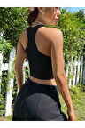 Kadın Boyun Askılı U Yaka Yüzücü Sırtlı Siyah Renk Fitilli Crop Top Bluz