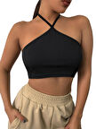 Liona Kadın Boyundan Bağlamalı Siyah Renk Crop Top Bluz