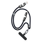 Bix 240W USB-A ve USB-C ve Lightning Çok Fonksiyonlu Askı İpli Premium Örgü 1.5 Metre Yüksek Hızlı Şarj ve Veri Kablosu Mavi