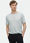Açık Gri Düz Bisiklet Yaka %100 Keten T-Shirt