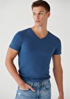 V Yaka Streç Mavi Basic Tişört 061748-18790