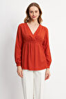 Turuncu Uzun Kollu V Yaka Üst Bel Lastikli Bluz