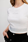 Let Yours Yazılı Taşlı Beyaz Crop T-shirt