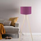 Pratik Ahşap Krem Üç Ayaklı Tripod Lambader Mor Kumaş Başlık Salon Oturma Odası Köşe Lambası