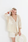 Pul Payet Süzene Nakışlı Keten Görünümlü Kimono 