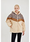 Leopar Garnili Kapüşonlu Peluş Mont