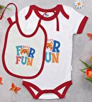 BK Kids Do It For Fun Tasarımlı Kırmızı Bebek Body Zıbın ve Mama Önlüğü Hediye Seti-1