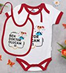 BK Kids Doktor Olucam Tasarımlı Kırmızı Bebek Body Zıbın ve Mama Önlüğü Hediye Seti-1