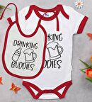 BK Kids Drinking Buddies Tasarımlı Kırmızı Bebek Body Zıbın ve Mama Önlüğü Hediye Seti-1