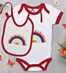 BK Kids Gökkuşağı Tasarımlı Kırmızı Bebek Body Zıbın ve Mama Önlüğü Hediye Seti-1