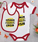 BK Kids İstemiim Fenalık Çıksın Tasarımlı Kırmızı Bebek Body Zıbın ve Mama Önlüğü Hediye Seti-1