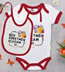 BK Kids Öğretmen Olucam Tasarımlı Kırmızı Bebek Body Zıbın ve Mama Önlüğü Hediye Seti-1