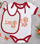 BK Kids Te Şindi Koparacam Tasarımlı Kırmızı Bebek Body Zıbın ve Mama Önlüğü Hediye Seti-1
