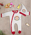 BK Kids Kişiye Özel Çiçek Tasarımlı Kırmızı Tulum Zıbın ve Kukuletalı Şapka Seti-5