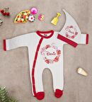 BK Kids Kişiye Özel Çiçek Tasarımlı Kırmızı Tulum Zıbın ve Kukuletalı Şapka Seti-6