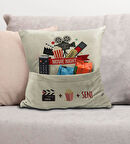 BK Gift Eğlenceli Tasarımlı Organizer Kumanda ve Atıştırmalık Cepli Krem Kırlent Yastık- 11, Ev Deko