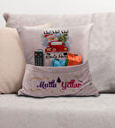 BK Gift Kişiye Özel Yılbaşı Tasarımlı Organizer Kumanda ve Atıştırmalık Cepli Pembe Kırlent Yastık, 