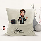 BK Gift Kişiye Özel Erkek Karikatür Tasarımlı Organizer Kumanda ve Atıştırmalık Cepli Sarı Kırlent Y