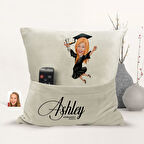 BK Gift Kişiye Özel Mezun Karikatür Tasarımlı Organizer Kumanda ve Atıştırmalık Cepli Sarı Kırlent Y