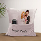 BK Gift Kişiye Özel Aile Karikatür Tasarımlı Organizer Kumanda ve Atıştırmalık Cepli Pembe Kırlent Y