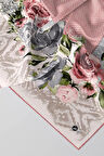 Twill Çiçek Desenli Pudra  Renkli 90x90 Eşarp (İpek İçermez) Kenar Dikiş Şekli El Dikişli
