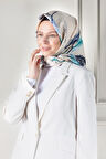 %100 Twill İpek Suluboya Çiçek Desenli Krem - İndigo Renkli 90x90 Eşarp Dikim Şekli : El Dikişi