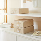 Ocean Home Textile 3'lü Küçük Boy Bej Balıksırtı Destekli Hurç Set 31 x 38 x 12 cm