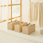 3'lü Bölmeli Bej Balıksırtı Çekmece İçi Düzenleyici Kutu Set 13 x 28 x 13 cm