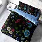 Monohome Flower Black 3D Temalı Pamuk Saten Çift Kişilik Nevresim Takımı