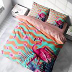 Monohome Turkuaz Flamingo 3D Temalı Pamuk Saten Çift Kişilik Nevresim Takımı