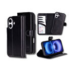 Bouletta Apple iPhone 16 uyumlu, Hakiki Deri, El Yapımı, Cüzdanlı Kılıf, Parlak Siyah