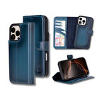 Bouletta Apple iPhone 16 Pro uyumlu, Hakiki Deri, El Yapımı, Cüzdanlı Kılıf, Gölgeli Mavi