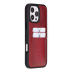 Bouletta Apple iPhone 16 Pro uyumlu, Hakiki Deri, El Yapımı Kart Yuvalı Kılıf, Gölgeli Kırmızı