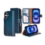 Bouletta Apple iPhone 16 uyumlu, Hakiki Deri, El Yapımı, Cüzdanlı Kılıf, Gölgeli Mavi