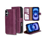 Bouletta Apple iPhone 16 Plus uyumlu, Hakiki Deri, El Yapımı, Cüzdanlı Kılıf, Mor