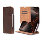 Bouletta Apple iPhone 16 Pro uyumlu, Hakiki Deri, El Yapımı, Cüzdanlı Kılıf, Antik Kahve