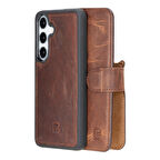 Bouletta Samsung Galaxy S25 uyumlu, Hakiki Deri, El Yapımı, Cüzdanlı Kılıf, Antik Kahve