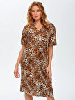 Leopar Desenli Kendinden Piliseli V Yaka Elbise 69239