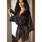 Merry See Saten Kısa Sabahlık Gecelik Siyah